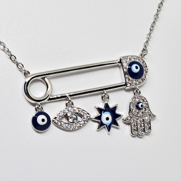 Trendy 925 Sterling Silver Plated Boho Evil Eye Pendant Safety Pin Necklace - Picture 3 of 8